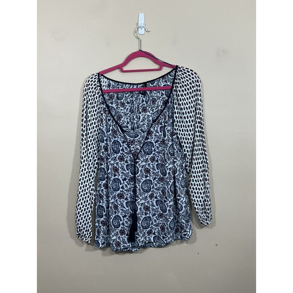 Womens Boho Shirt Size Medium Blue White Floral Hippie Festival Paisley Peasant